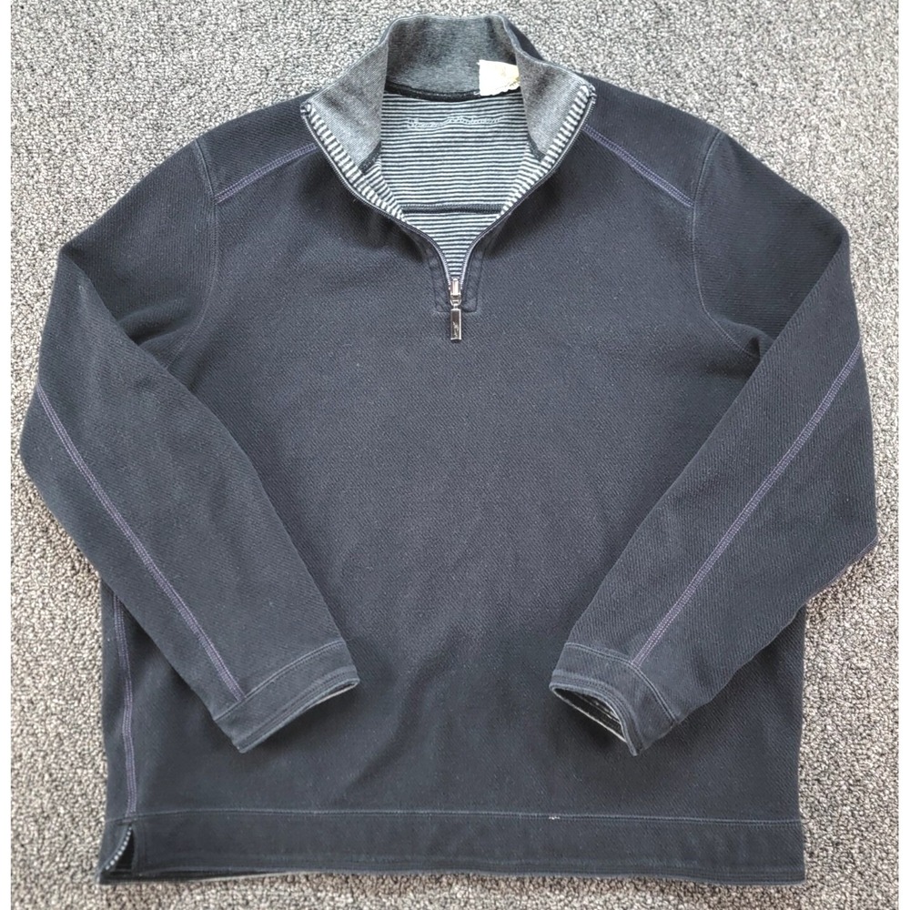 Tommy Bahama Sweater Mens Large Black Gray Reversible 1/4 Zip Pullover Knit